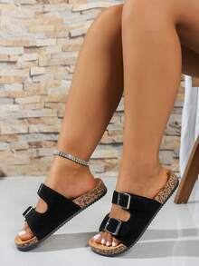 Dép xăng đan nữ dáng rộng, kiểu dáng vintage mới, khóa điều chỉnh, quai đôi, hở mũi, thoáng khí, đế bằng nút bần mềm mại, thoải mái, chống trượt, bền chắc, thích hợp đi làm, đi nghỉ mát. - màu đen - Xem 5