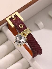 1pc Faux Diamond Bracelet, Leather Cuff With Rhinestones, High-Quality Electroplated Non-Fading, Suitable For Women's Daily Wear, Holiday Gift Choice