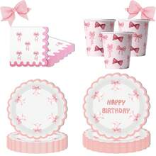 10/20/80 pièces Fournitures de fête avec nœud rose, Décorations de fête avec nœud rose, Assiettes de fête élégantes, Assiettes de dîner d'anniversaire avec nœud, Décoration avec nœud ondulé, Vaisselle jetable pour enterrement de vie de jeune fille, Décorations pour shower de mariage, Anniversaire, Mariage, Décoration pour thé, Comprend des assiettes en papier de 7/9 pouces, Serviettes avec nœud ondulé, Gobelets en papier, Pour 20 personnes