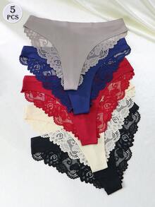 5件/套 女士低腰纯色性感蕾丝内裤