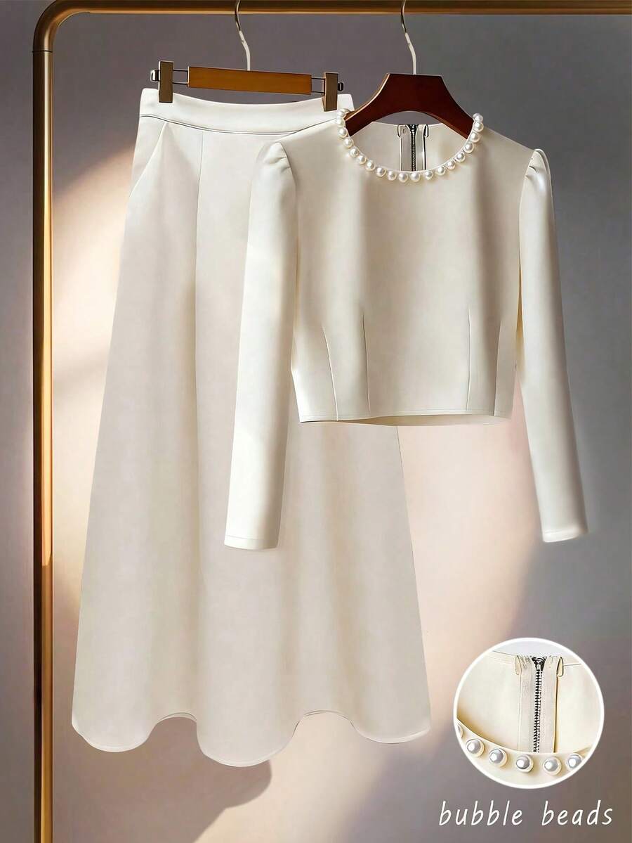 优雅女士套装，迷人珍珠装饰泡泡袖连衣裙，新年派对礼服