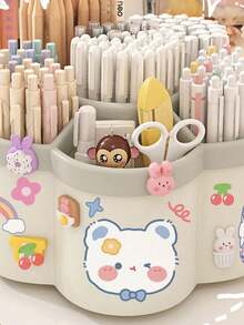 1pc Rotating Pen Holder Organizer, High Capacity, Compartments, Suitable For Student, Children Desk, Creative Pen Rack, Minimalist Design (Random Sticker Pattern) - Multicolor - View 4
