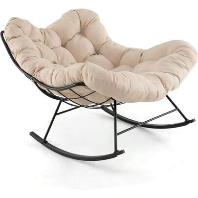 Indoor Outdoor Rocking Chair Oversized Egg Papasan Chair With Padded Cushion Patio Rocker Chair With 205 Kg Capacity Metal Frame For Porch Garden Backyard Beige
