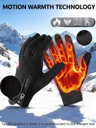 1 Pair Men's Winter Warm Windproof Gloves, Waterproof Cold-Proof Non-Slip Velvet Touch Screen Usable Gloves, Outdoor Sports Fishing Cycling Skiing Mountain Climbing Anti Slip Gloves, Zippered Man Motorcycle Finger Gloves