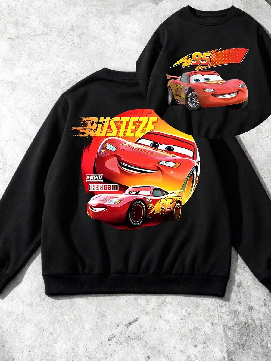 Disney Cars Double-Sided Pattern Print, Autumn And Winter Children's Round-Neck Sports Hoodie, Suitable For Boys' Daily Play Wear, Long-Sleeved Top, Perfect For Holiday Parties, Outdoor Activities And Travel - Black - View 1