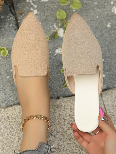 Plus Size 35-45 Fashion Pointed Toe Flat Slip-On Casual Loafers, Comfortable Soft Bottom Work Shoes For Women, Suitable For Dresses, Khaki Color, Spring/Summer/Autumn