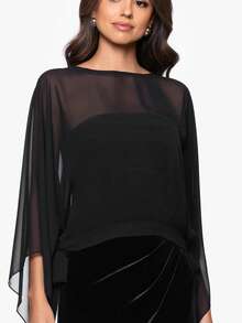 1pc Women's Elegant Solid Color Shawl Collar Scarf, Front Short Back Long Fashionable Chiffon Poncho Shawl, Suitable For Weddings, Formal Events, Black Series - Black - View 6