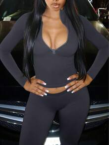 LovelyWholesale 两件套女士休闲拉链领长袖上衣和修身紧身裤运动服套装，适合锻炼和健身，秋季款 - 深灰色 - 查看 2