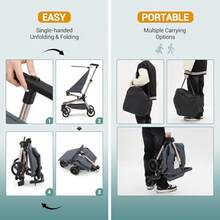 Carrito de viaje ligero para bebé: diseño compacto y apto para aviones, plegable con una sola mano, marco de fibra de carbono de 3,8 kg, tejido transpirable, compatible con exceso de equipaje, cochecito perfecto. - Azul - Ver 3