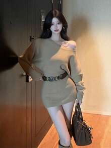 2025 New Y6Y Off-Shoulder Long Sleeve Sweater Dress With Belt, Sexy & Slimming Bodycon Dress For Women, Autumn