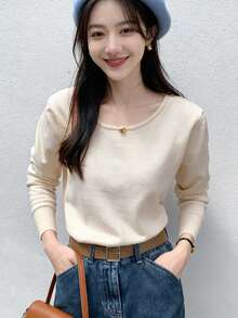 Women's Solid Color Loose Fit Casual Pullover Dropped Shoulder Short Knit Sweater - Apricot - View 5