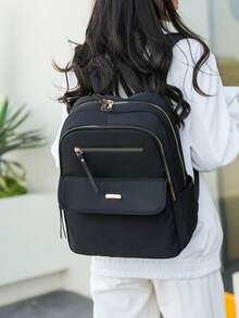 Mochila grande de nailon de unicolor acolchada y versátil para mujeres, mochila casual minimalista para estudiantes, bolso para ir al trabajo - Negro - Ver 3