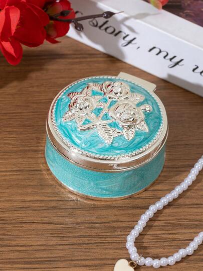 1pc Vintage Luxury Zinc Alloy Round Jewelry Box With 3D Embossed Rose + Delicate Edging Details, Sturdy Zinc Alloy Material, Can Store Earrings, Rings And Other Small Jewelry, Suitable For Birthday Gifts, Daily Makeup Scenes, All Seasons, Combines Luxurious Aesthetics And Practicality, Easily Adds An Elegant Atmosphere To Your Grooming Space