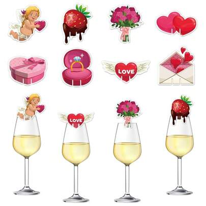 16pcs Valentine's Day Party Wine Glass Card; Wedding Venue Beverage Cup Decoration Photo Booth Props