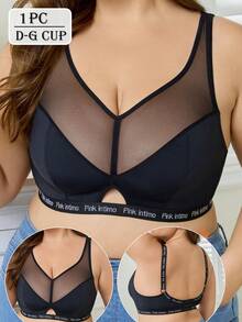Comfy Plus Size BLACK Bra In Mesh Material With Supportive Design,Plus Size Wireless Curve Bralette, Minimalist Style, BLACK See Through Bralette Mesh Bra - Black - View 1