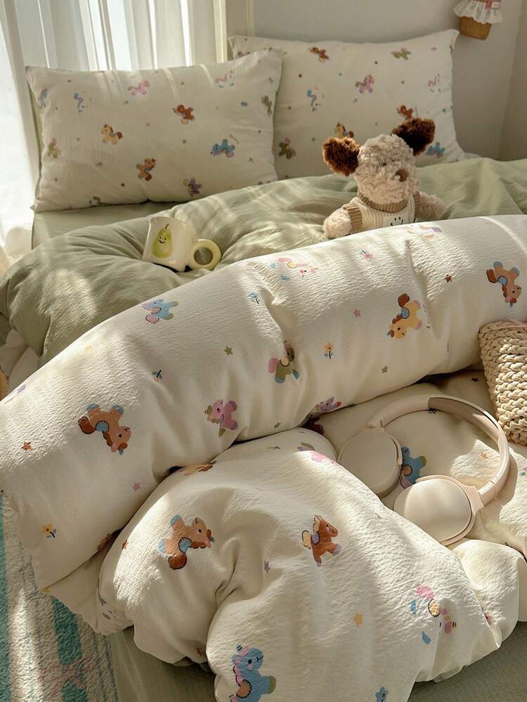 4pcs Pony Pattern Bedding Set, Soft & Comfortable Bedroom Linens, Cute Animal Design, Breathable & Soft All-Season Bed Set Including 1 Duvet Cover, 1 Bed Sheet, 2 Pillow Shams, No Filling, Suitable For Bedroom, Dorm, Home Use, Multiple Sizes Available - Multicolor - View 3