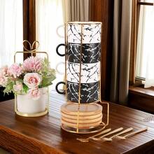 4pcs/Set Ceramic Marble Coffee Cup Set With Gold Rack, Including 4 Cups, 4 Saucers, 4 Spoons, Available In Mint Green, 180ml Capacity, Suitable For Cappuccino, Latte, And Americano