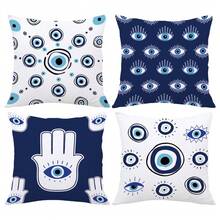 MEMNUN 4 Stücke mysteriöse marineblau bedruckte Kissenbezüge mit Augen- und Hamsa-Hand-Motiv (Kissenfüllung nicht enthalten), aus Pfirsich-Samt-Stoff, einseitig Muster, Größen: 45*45cm/50*50cm/40*40cm, Böser Blick dekorativer Kissenbezug für Sofa, Bett, Schlafzimmer, Büro, Hotel, ganzjährig, Geschenk - Verschiedenfarbig - Übersicht 3
