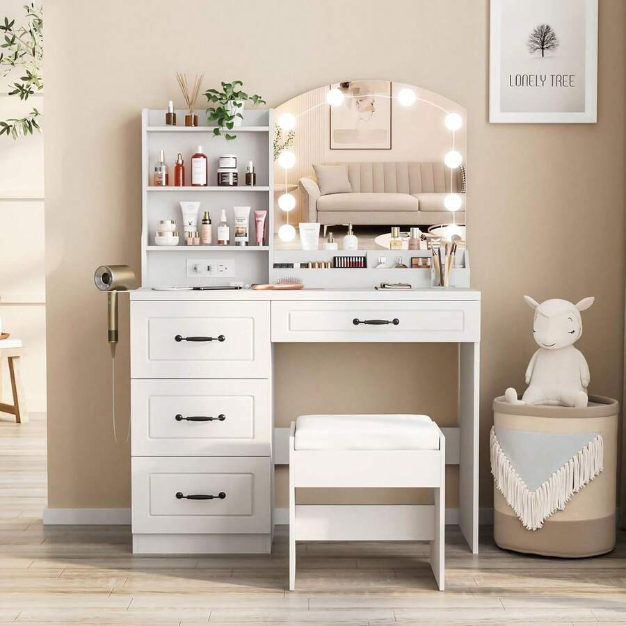 Multifunctional Dressing Table With Mirror, LED Lights And Drawers, 2 Colors