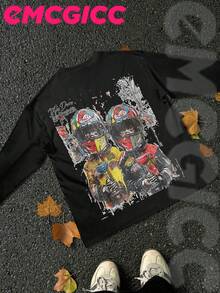 EMCGICC Y2k Long Sleeve Shirt, Urban Art Punk Graphic T-Shirt Cotton 250g, Preppy Lettering Fashion Hip Hop Men's Long Sleeve T-Shirt, Fun Vintage Shirt, Regular Fit, Wild Bloom Street Style, Digital Print, Ideal Gift - màu đen - Xem 3