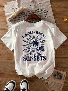 Plus Size Women's Floral Ink Style Botanical Print "Forever Chasing" Radiant Sun Palm Tree Sunset Pattern Casual Comfortable Daily T-Shirt, Summer Women's Clothing, Tops, Graphic Tee, Plus Size Women's Clothing, Plus Size Tops, Plus Size Women's Apparel, Plus Size Clothing, Plus Size T-Shirt, Plus Size Maternity Clothes White - White - View 6