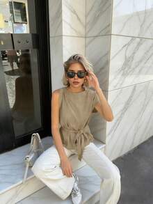 女士新款优雅圆领无袖简约系带仿亚麻衬衫，适合工作及各种场合，休闲夏季上衣，荷叶边下摆，优雅女士衬衫，春假休闲装，商务休闲女装 - 卡其色 - 查看 4