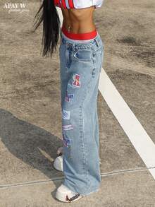 街头风女式破洞口袋毛边阔腿牛仔裤 - 淺色水洗藍 - 查看 5