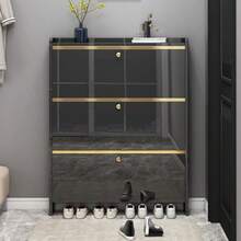 Popular Zapateros Organizador Negro Armario de Zapatos 90*17*115CM Zapatera Madera Mueble con 3 Niveles Plegable contra el Polvo Ideal para Pasillo Entrada Sala de Estar - Negro con detalles dorados - Ver 1