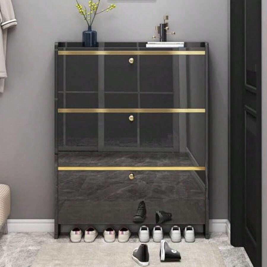 Popular Zapateros Organizador Negro Armario de Zapatos 90*17*115CM Zapatera Madera Mueble con 3 Niveles Plegable contra el Polvo Ideal para Pasillo Entrada Sala de Estar - Negro con detalles dorados - Ver 1