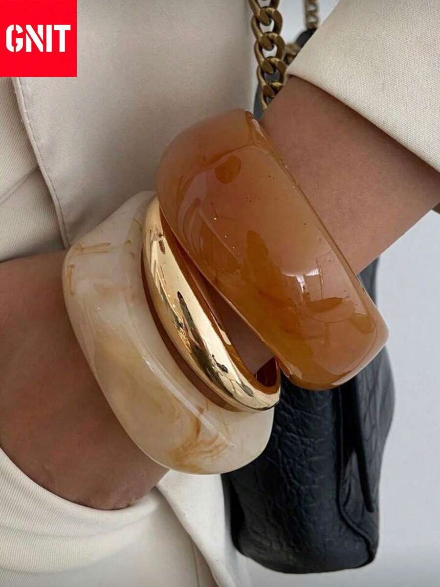 GNIT 1 buah/3 buah/Set Gelang Resin Lebar Asimetris Retro Bohemian, Perhiasan Mewah untuk Sehari-hari & Pesta, Hadiah untuk Wanita (Sedikit Ketidaksempurnaan dan Variasi Warna pada Gelang Resin Adalah Normal). Elemen Pola Geometris, Tekstur Teratur, Lekukan Halus. - Ladder Brown + Water Drop Gold + Twisted Rice - View 1