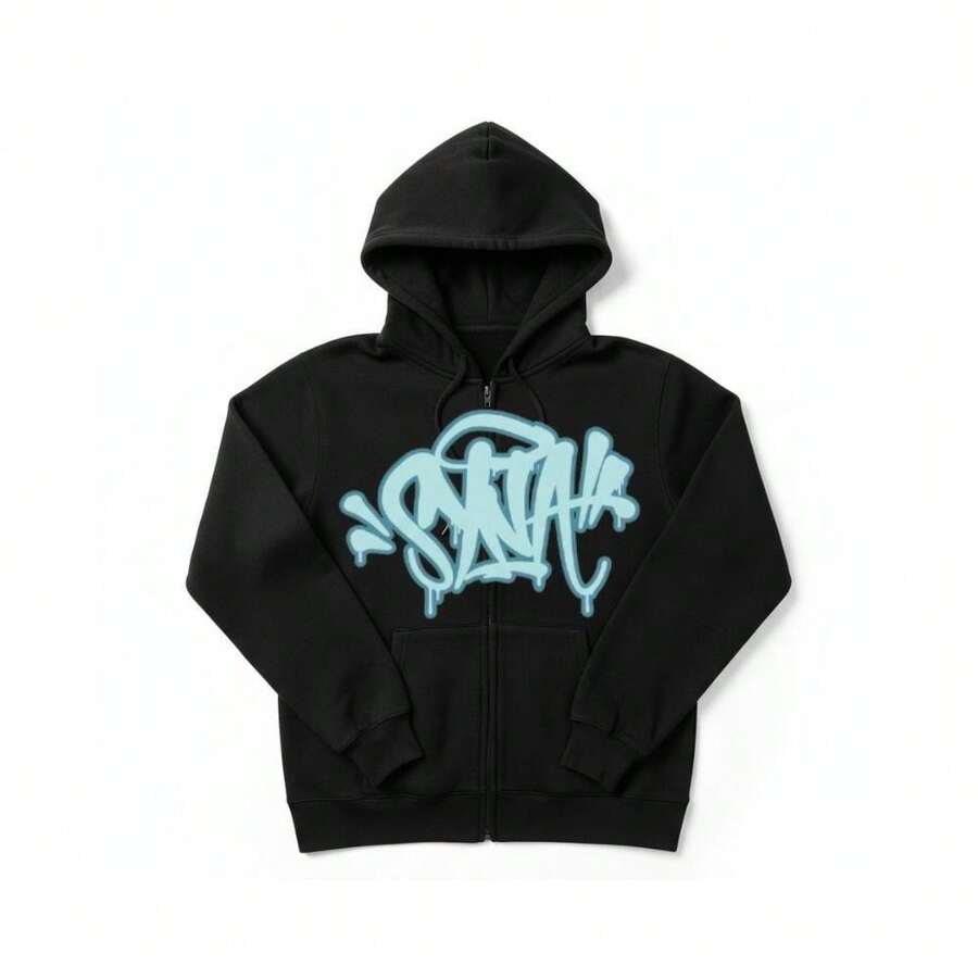 Black Zip-Up Hoodie With Streetwear Print, Unisex - Black and Blue - View 1