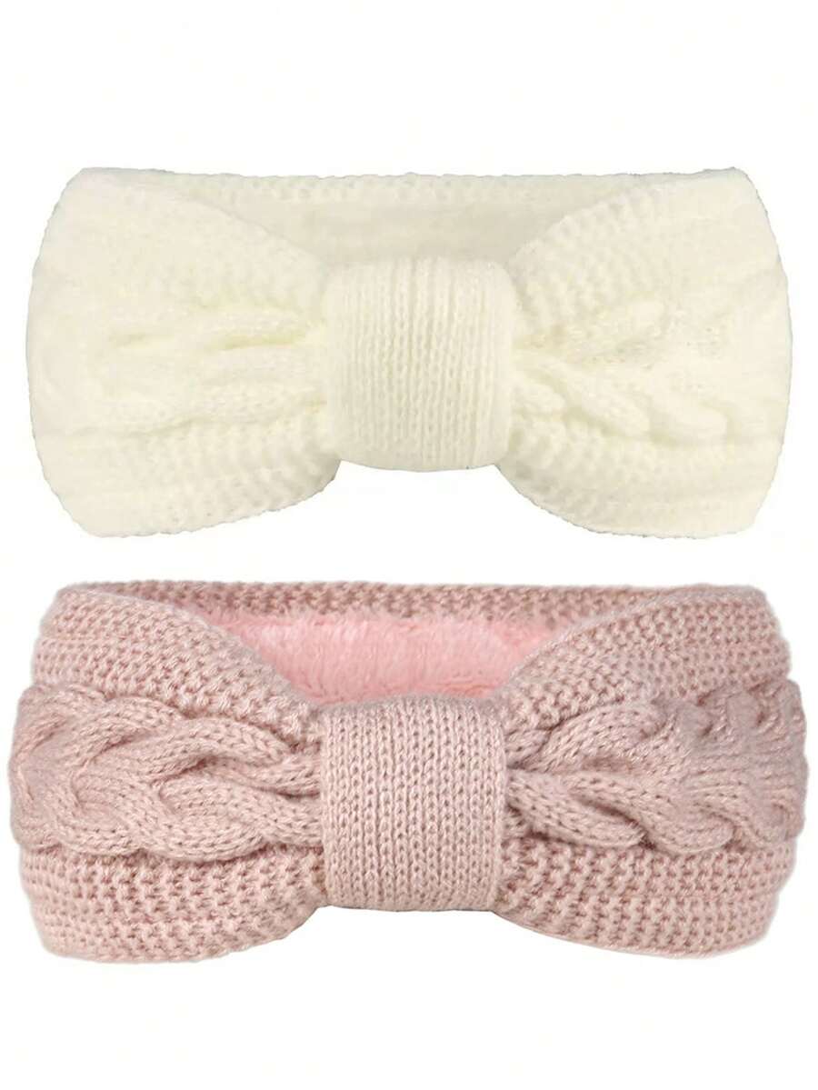 2pcs/1pc European & American Velvet Lined Knitted Headband With Twisted Bow, Sports Headwrap Ear Warmer Hairband - Solid Color - View 1