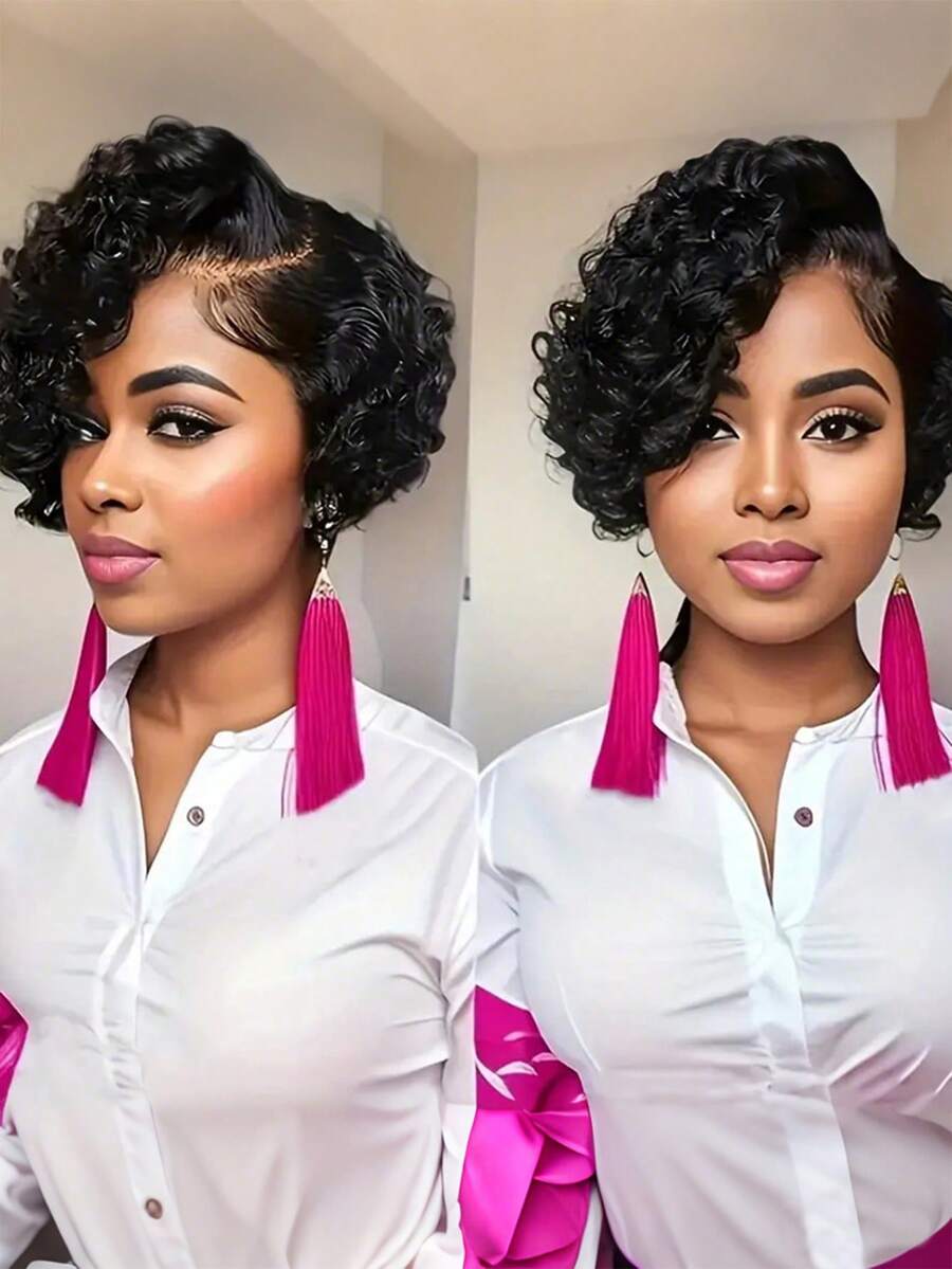 Chic Short Pixie Cut Curly Wave Wig For Women 13x4x1 T-Part Lace Front, Remy Human Hair, Natural Black, Versatile Hairstyle | Voluminous Short Wig | Stylish Wig Design For Daily Wear & Cosplay & Parties & Music Festival & Christmas Party Wig - Natural Black - 查看 1
