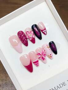 Pure Handmade Wearable Nails With Almond Nail Shape, 3D Tropical Floral Carving Design Autumn And Winter Nails, Hand-Painted Gradient Tie-D Luxury Handmade Wearable Nails, Y2K, Minimalist Design Nails, Full Coverage Fake Nails, Y2K Nails, Embossed Nails, Unique And Niche Creative Fake Nails, Nails, Daily Use. - Multicolor - View 5