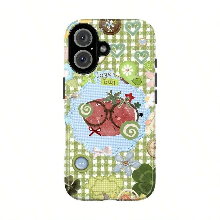 Kawaii Tomato Love Bug  Case |     Cute Green Gingham Aesthetic Phone Cover |     Vintage Cartoon Fruit Design For  7 8 X 11 12 13 14 15 16 And  S21 S22 S23 S24 - 1 cái - Xem 1