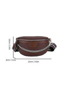 Y2K复古链条装饰千禧风格千鸟格豹纹复古肩带腰包 - 棕色 - 查看 2