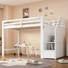 Hochbett, 90x200cm, Bett Mit Lattenrost (Ohne Matratze), Geländer, Verstaubare Stufen, Freier Raum Zum Verkleiden Nach Belieben, EN747 Zertifiziert, White - White - View 1
