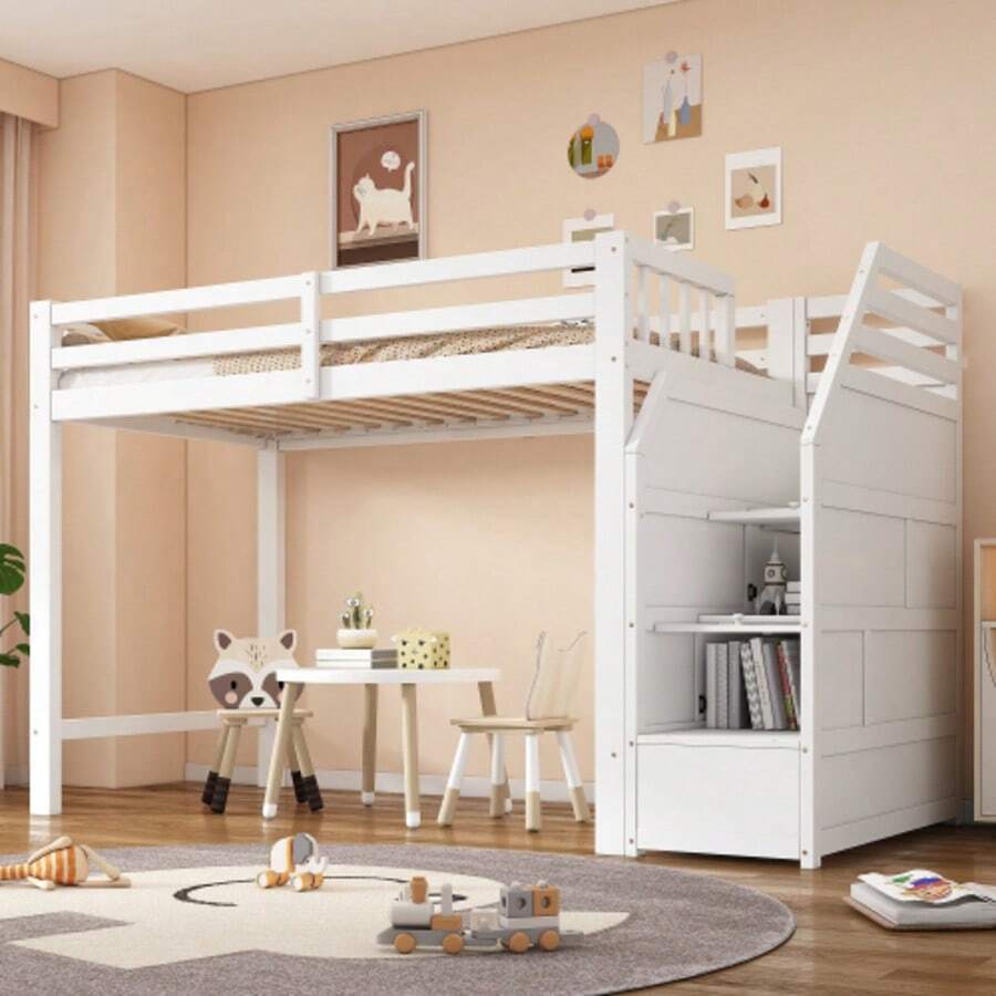 Hochbett, 90x200cm, Bett Mit Lattenrost (Ohne Matratze), Geländer, Verstaubare Stufen, Freier Raum Zum Verkleiden Nach Belieben, EN747 Zertifiziert, White - White - View 1