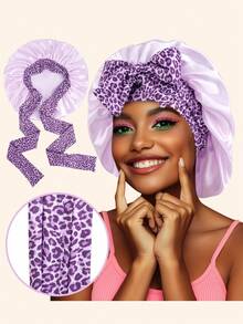 1pc Luxurious Rose Pink Leopard Print Design Satin Silk Bonnet With Adjustable Ties - Lightweight Hair Care Bonnet For All-Night Comfort, Perfect For Long Curly Or Braided Hair - Premium Bathroom Accessory, Stylish And Comfortable, Unisex Nighttime Hair Care - Multicolor - View 9