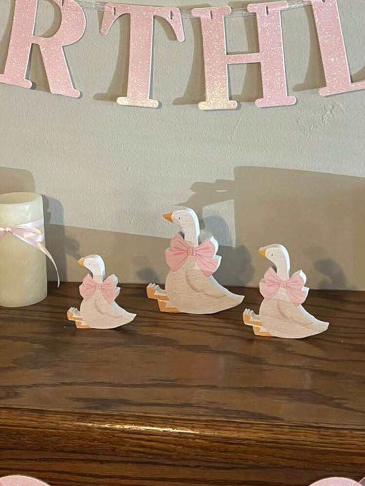 3pcs Fool Swan Birthday Party Decorations, Pink Bow Wooden Fool Swan Party Decorations, Suitable For Birthday Party, Valentine's Day Party, Wedding Funny Centerpiece, Holiday Party Small Gift Tiered Tray Decor - Multicolor - View 7