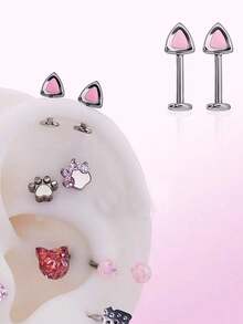 Set de 2 pendientes espirales con orejas de gato, joyería corporal de acero inoxidable para perforación del cartílago - Blanco - Ver 1