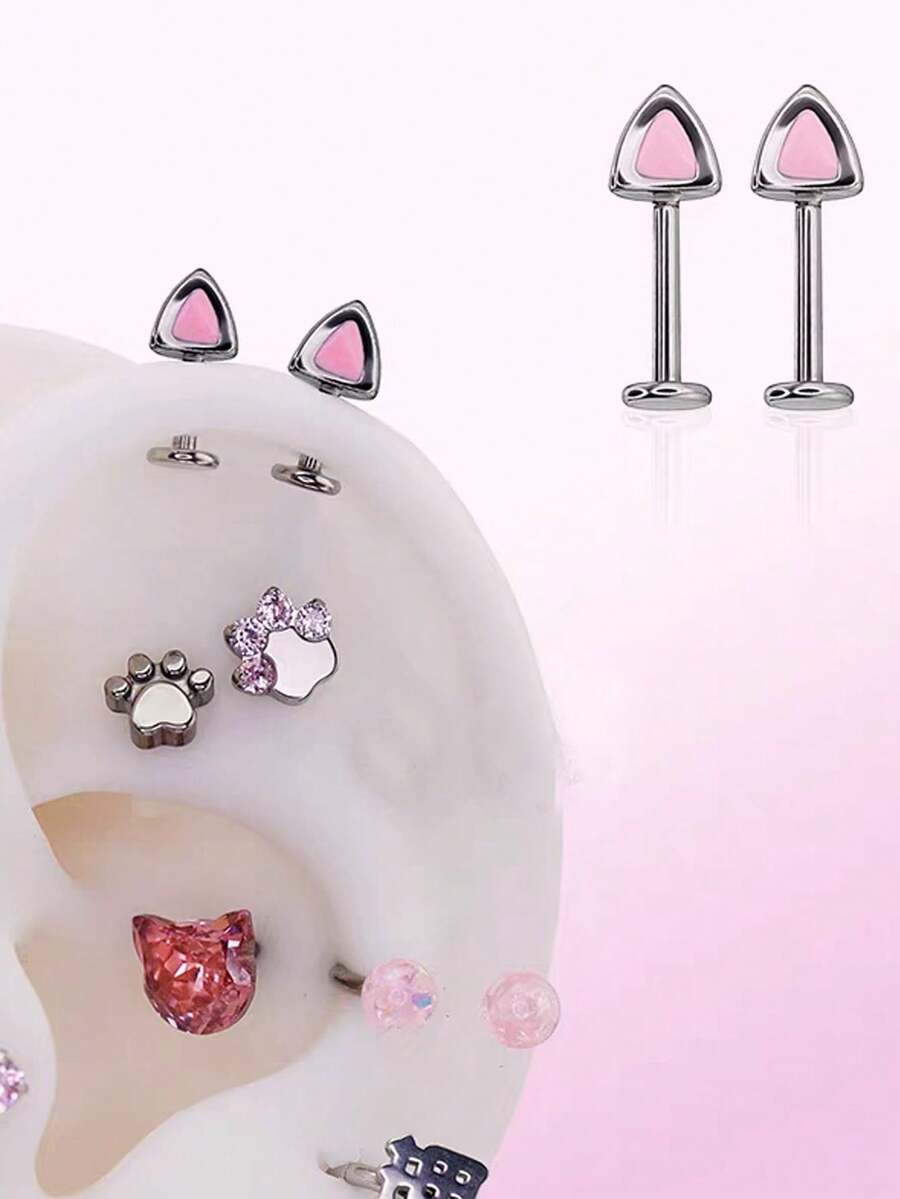 Set de 2 pendientes espirales con orejas de gato, joyería corporal de acero inoxidable para perforación del cartílago - Blanco - Ver 1