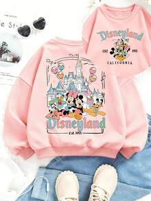 Disney Castle Mickey And Friends Print Fall/Winter Kids' Crewneck Sweatshirt Perfect For Girls' Everyday Play Long-Sleeve Top Ideal As A Christmas Gift - 粉色 - 查看 1