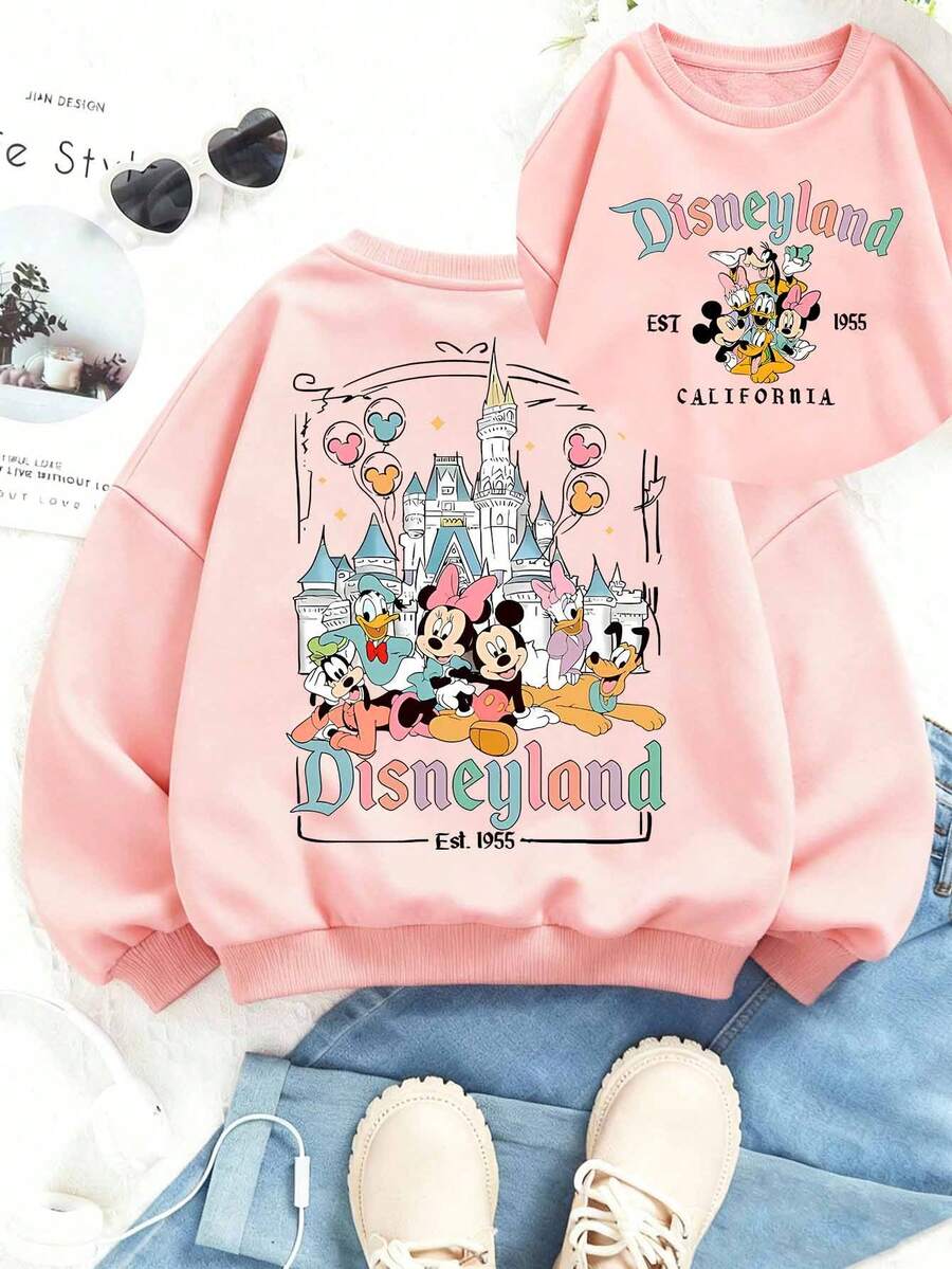 Disney Castle Mickey And Friends Print Fall/Winter Kids' Crewneck Sweatshirt Perfect For Girls' Everyday Play Long-Sleeve Top Ideal As A Christmas Gift - 粉色 - 查看 1