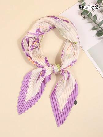 1条女士印花仿丝褶皱小围巾，可作发带、发圈、多功能头巾，适合日常使用