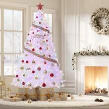 Árbol de Navidad artificial blanco preiluminado de 6 FT con luces LED blancas cálidas y soporte de metal, pino artificial para decoración navideña para el hogar, la oficina y fiestas. - Blanco - Ver 2