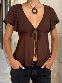 Women's Summer Sheer Tie-Front Short Sleeve Top With Adjustable Front Ties, Ruffle Trim And Lightweight Transparent Fabric, Flowy Silhouette, Breathable Layering Piece For Party, Date Night, Beach-Cover-Up And  European American Streetwear - 棕色 - 查看 1