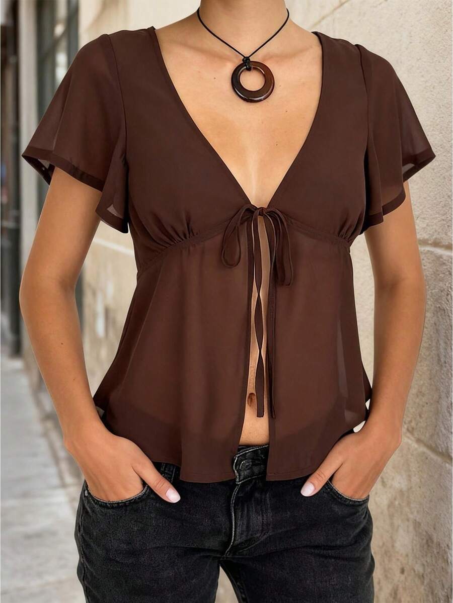 Women's Summer Sheer Tie-Front Short Sleeve Top With Adjustable Front Ties, Ruffle Trim And Lightweight Transparent Fabric, Flowy Silhouette, Breathable Layering Piece For Party, Date Night, Beach-Cover-Up And European American Streetwear - 棕色 - 查看 1