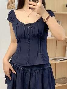 Women Lace Trim Y2k Coquette Shirt Cap Sleeve Button Down Slim Fit Fairy Crop Top For Teen Girls - 藏蓝色 - 查看 2
