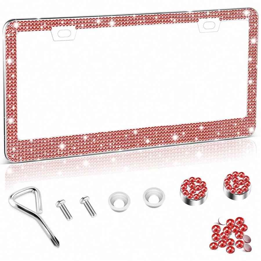 [Free Shipping]Bling License Plate Frame For Women, 1Pack Rhinestone Handcrafted Crystal Premium Stainless Steel, Stainless Steel Car Accessories With Diamond Sparkle Glitter Caps (Red),1pc,Red - 紅色 - 查看 1